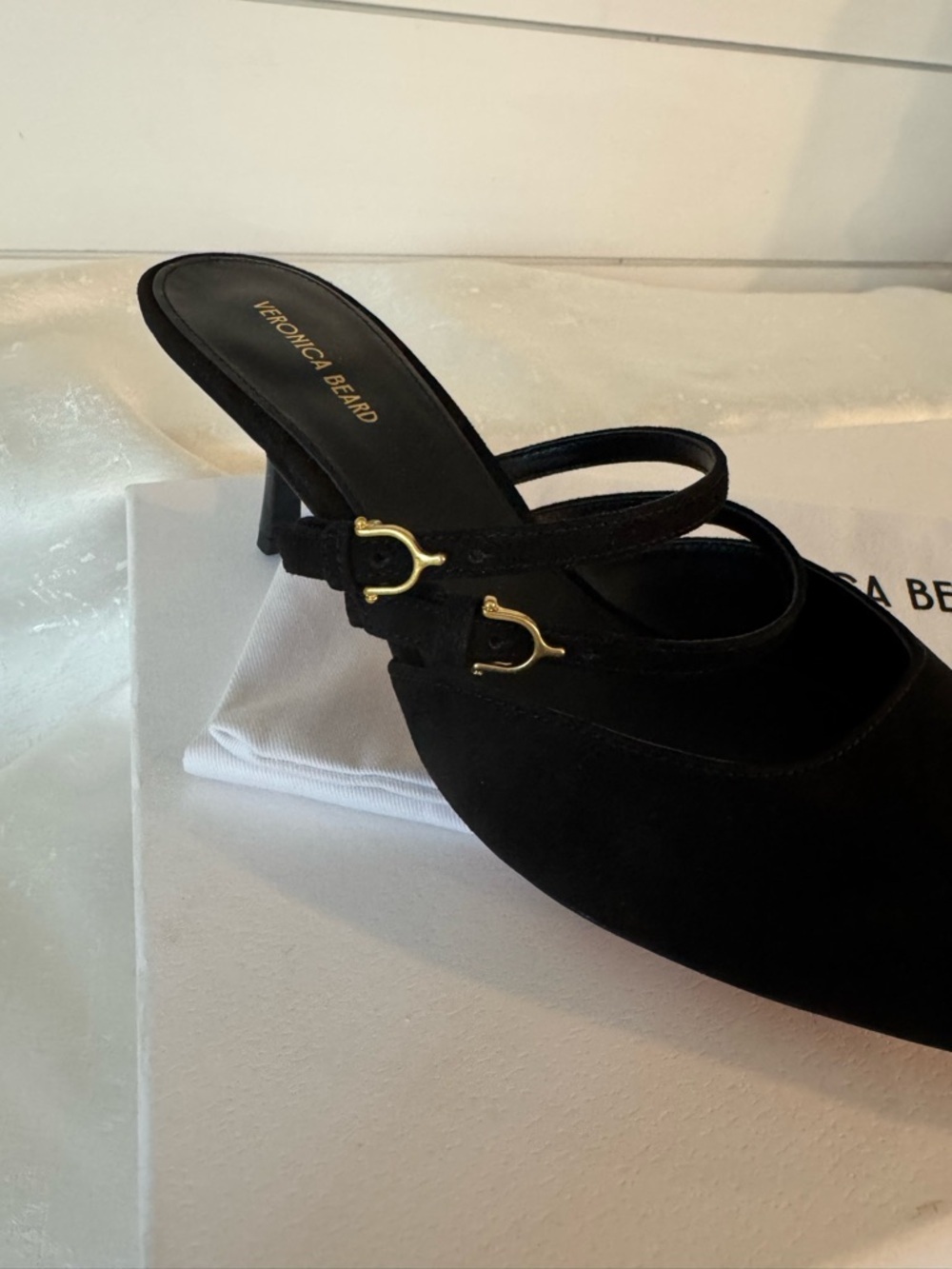 Veronica Beard Corrie Black Suede Strappy Mule Kitten Heels - Picture 8 of 15